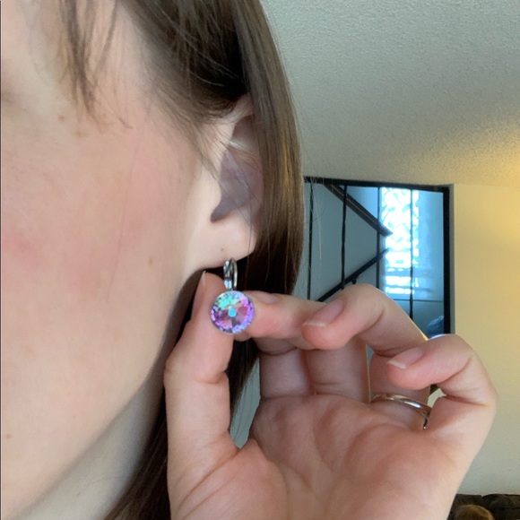 Purple/Green Iridescent Glass Earrings Silver Trim - Picture 5 of 6